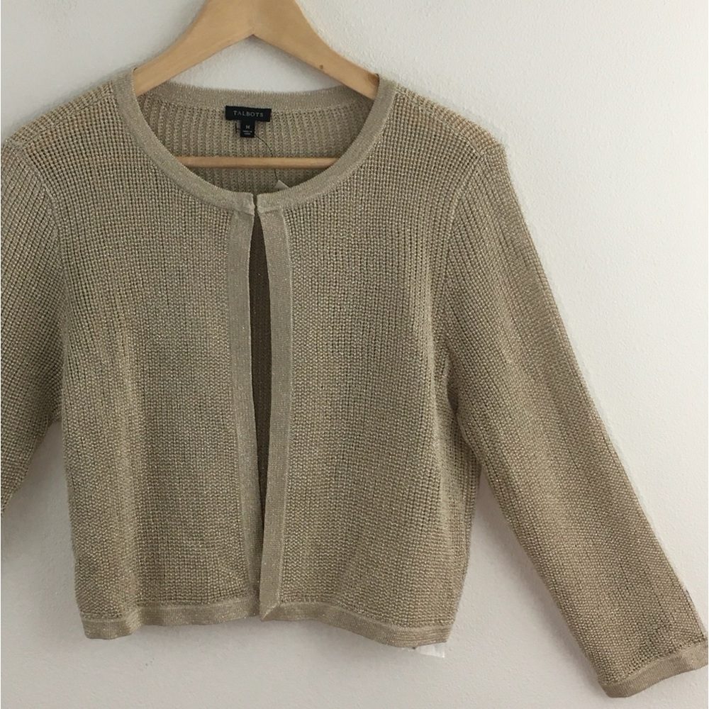 Talbots | Metallic Gold Crocheted Cropped Cardigan